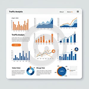 Dashboard containing various charts and graphs in orange and blue. Includes bar
