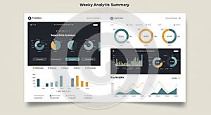 Dashboard with data visualizations. Contains pie charts, bar graphs, and line graphs,