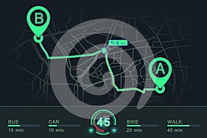 Dashboard design gps navigator. pin point A to point B with distance pointer and information green color