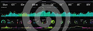 Dashboard Displaying Real-Time Data Analytics With Various Metrics and Charts on a Dark Interface