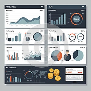 Dashboard displaying various KPI (Key Performance Indicators) data visualizations.