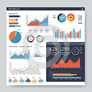 Dashboard featuring various data visualizations, including pie charts, line graphs, an