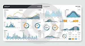 Dashboard interface displaying various data visualizations. Features include line and