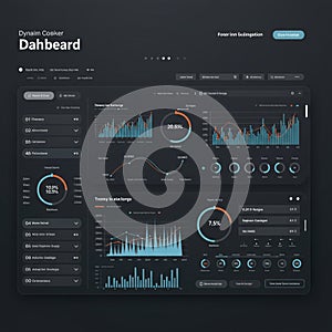 Dashboard interface displaying various data visualizations, including line and bar