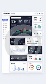 Dashboard interface displaying various data visualizations and metrics. Features