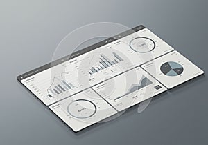 Dashboard interface displaying various data visualizations. Top section includes bar