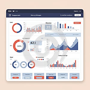 Dashboard interface featuring data visualizations including pie charts, bar graphs, and
