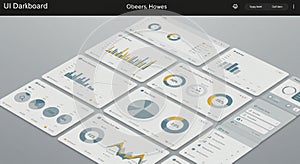 Dashboard interface featuring various data visualization elements. Includes bar