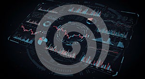 Dashboard interface featuring various data visualizations. Central circular graph