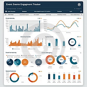 Dashboard interface showing charts and graphs in various styles and colors, including photo