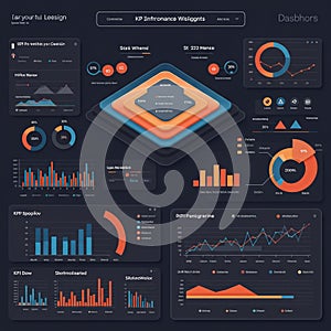 Dashboard layout featuring various data visualizations, including bar charts, line