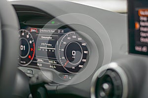 Dashboard of modern car speedometar and transmission transportation