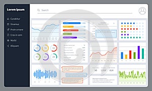 Dashboard. Progress bars, finance analytics data charts with ui. Report diagrams, graphs and interface for web