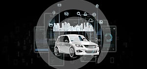 Dashboard smartcar interface with multimedia icon and city map on a background 3d rendering