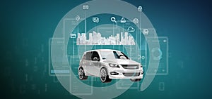 Dashboard smartcar interface with multimedia icon and city map on a background 3d rendering