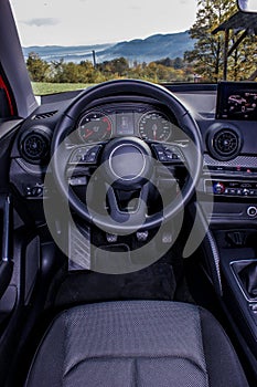 Dashboard and steering wheel close up