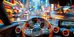 dashboard, steering wheel and speedometer in sports car close up. Interior salon of a modern car. Night city