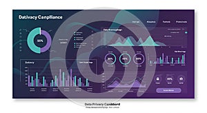 Dashboard-style user interface with data visualization elements. Features a circular