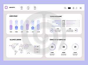 Dashboard UI infographic. Modern presentation with data graphs, admin panel HUD diagrams, app interface. Vector web design