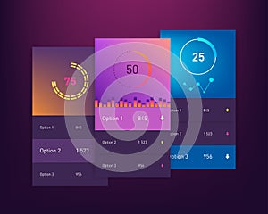 Dashboard UI and UX Kit. Bar chart and line graph designs. Different infographic elements. Dark background