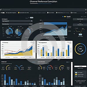 Dashboard user interface showcasing various data visualizations. Includes pie charts,