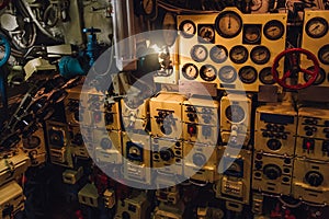 Dashboard, valves and appliances in old decommissioned Russian diesel submarine