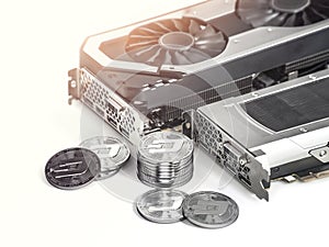 Dashcoin mining. Using powerful Video cards to mine and earn cryptocurrencies concept