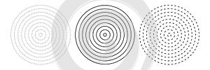 Dashed concentric circle icon. Black and white broken circular rings. Sound wave, radar, target. Dotted round lines