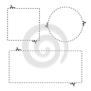Dashed line with scissors set. Vector coupon or stickers borders.