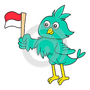 Dashing bird holding indonesian flag celebrating independence day, doodle icon image kawaii