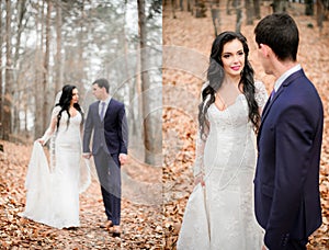 Dashing brunette bride walks with handsome groom