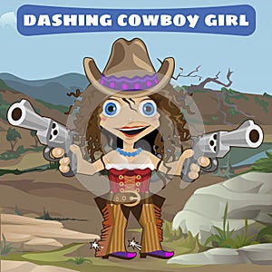 Dashing cowboy girl with guns on a wild landscape