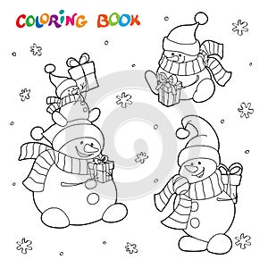 Coloring book or page. Cute snowmen set for children coloring with a winter holiday theme