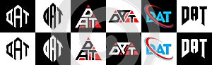 DAT letter logo design in six style. DAT polygon, circle, triangle, hexagon, flat and simple style with black and white color