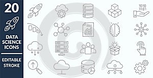 Data Science and Technology Outline Icon Set, Editable Stroke, Cloud Computing, Artificial Intelligence, Innovation, Network