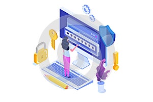 Data Access, Password isometric concept. Login form on screen.