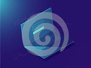 Data analysing system acsecc, form of user login, laptop screen with uthorization isometric neon digital technology 3d