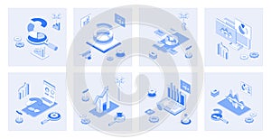 Data analysis 3d isometric concept set. Vector illustration