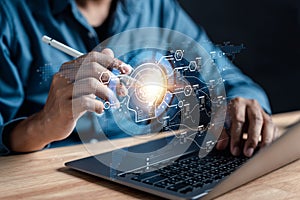 Data analysis of ai artificial intelligence process with technology processor to planning business information data, tech, network