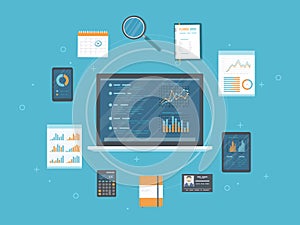 Data analysis, analytics, auditing, research. Web and online mobile service. Documents, charts graphs on screens of a laptop phone