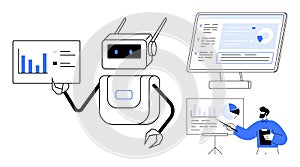 Robot and Human Analyzing Data Charts with Digital Dashboard for Automation and Artificial Intelligence