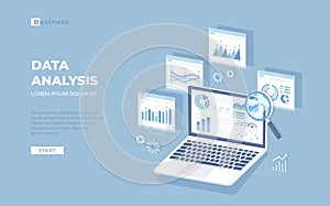 Data analysis, audit, research, analytics, reporting concept. Web and mobile service. Financial reports, charts graphs on a laptop