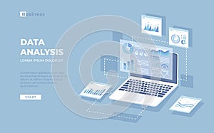 Data analysis, audit, research, finance analytics, reporting concept. Web and mobile service. Charts, graphs, report, visualizatio