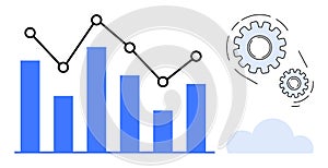 Data Analysis with Bar Chart, Line Graph, Gears, and Cloud Elements Illustrating Workflow Process