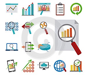 Data analysis, business financial economy digital collection flat icons