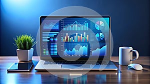 Data Analysis And Business Intelligence. Charts And Graphs On Laptop Screen. 3D Rendering photo