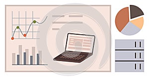 Data Analysis and Visualization Concept with Charts, Graphs, Laptop, and Analytics Dashboard Elements