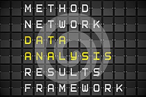 Data analysis buzzwords on black mechanical board