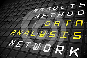 Data analysis buzzwords on black mechanical board