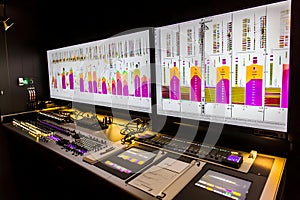 Data analysis center control room charts displayed on monitors